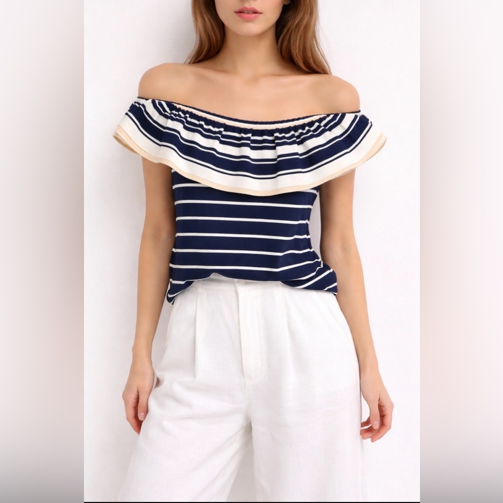 Lilly Pulitzer Perelle Off Shoulder Sweater XS Navy White and Gold
